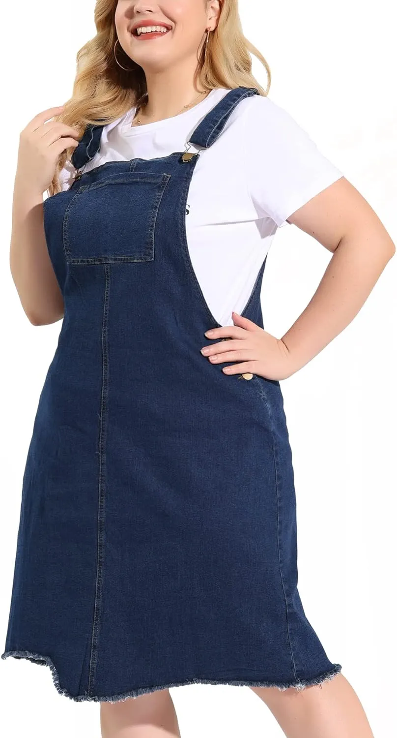 Agnes Orinda Plus Size Women's Denim Overall Dresses Frayed Adjustable Jean Straps Suspender Summer Dress