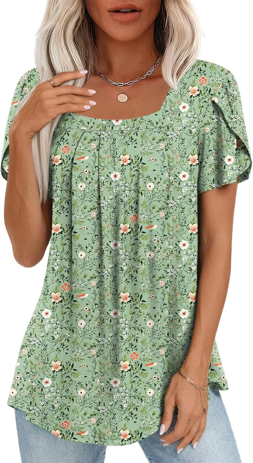 Anymiss Womens Summer Tops Dressy Casual Blouses Square Neck Tunic M-3XL