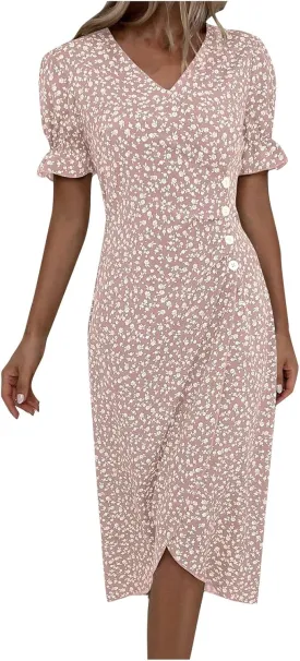 Beach Dresses for Women,2025 Summer Trendy Elegant V Neck Floral Boho Dress,Flowy Ruched Hawaiian Maxi Dress