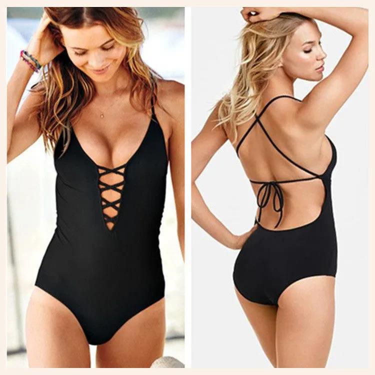 Black Cross Straps Backless Women's One Piece Swimwear Bikini