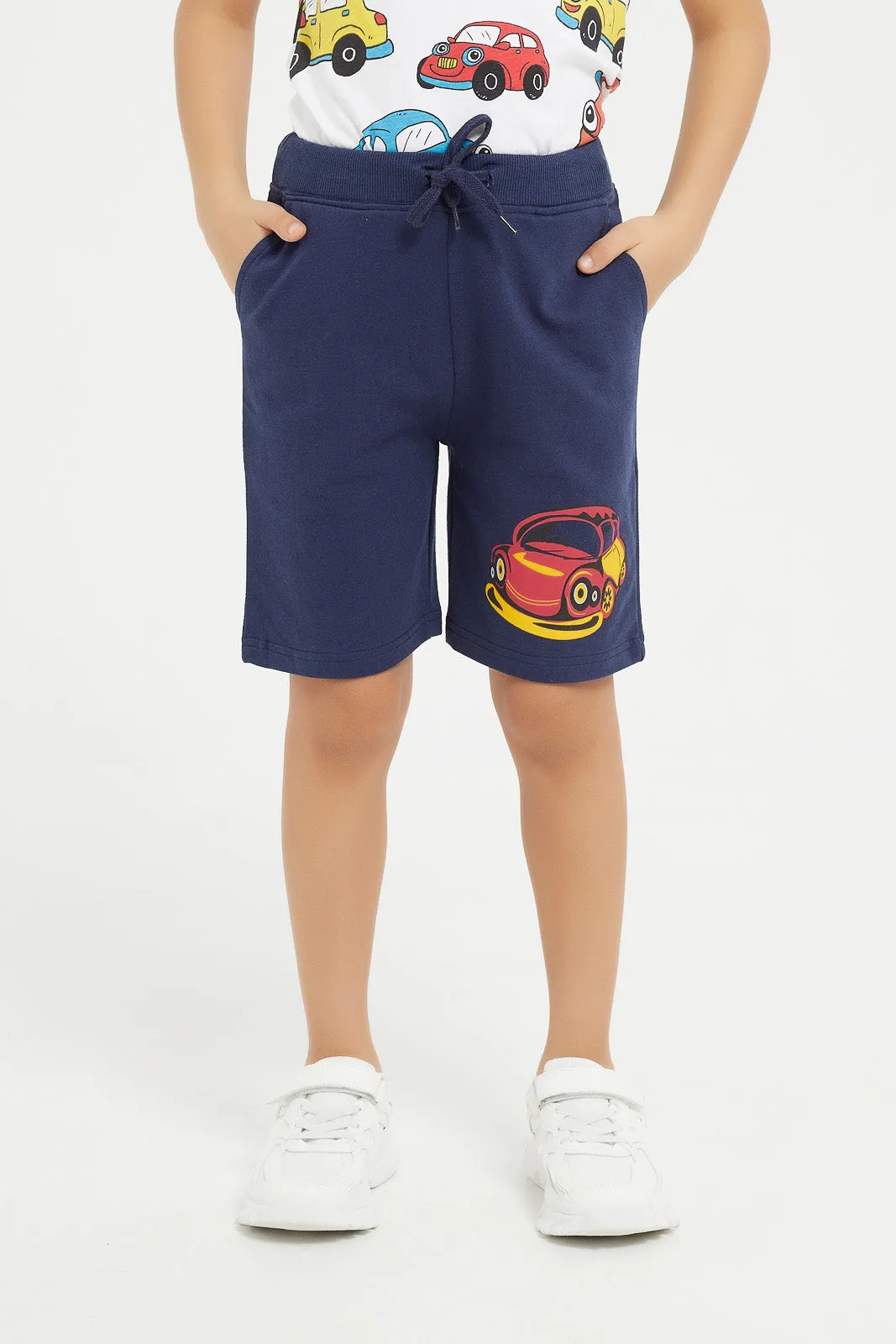 Boy Orange And White Car Print Piece T-Shirt And Shorts Set (3 Piece)