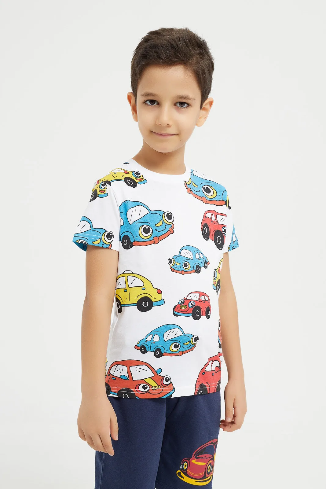 Boy Orange And White Car Print Piece T-Shirt And Shorts Set (3 Piece)