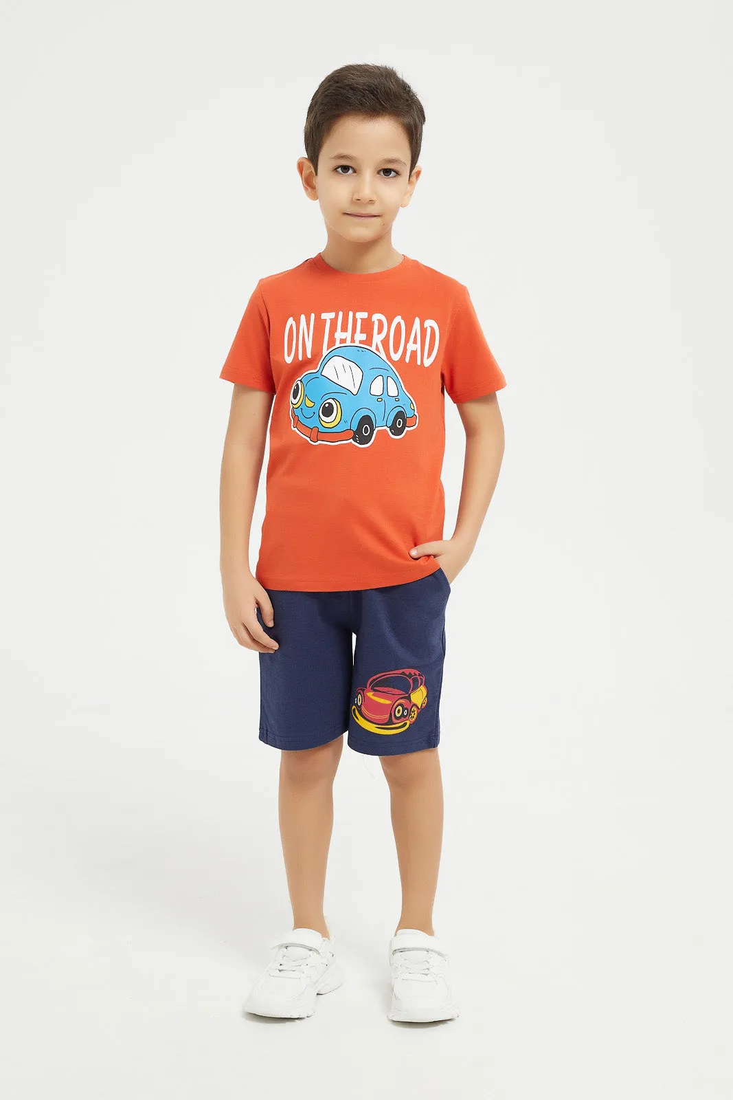Boy Orange And White Car Print Piece T-Shirt And Shorts Set (3 Piece)