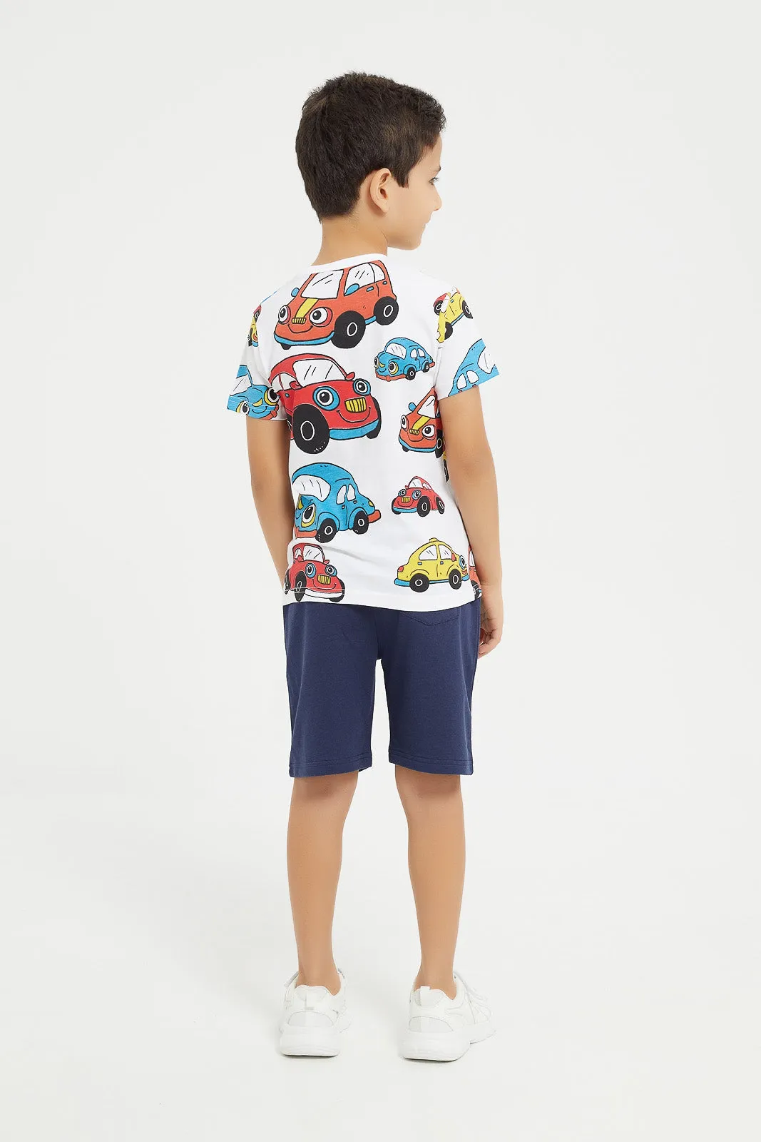 Boy Orange And White Car Print Piece T-Shirt And Shorts Set (3 Piece)