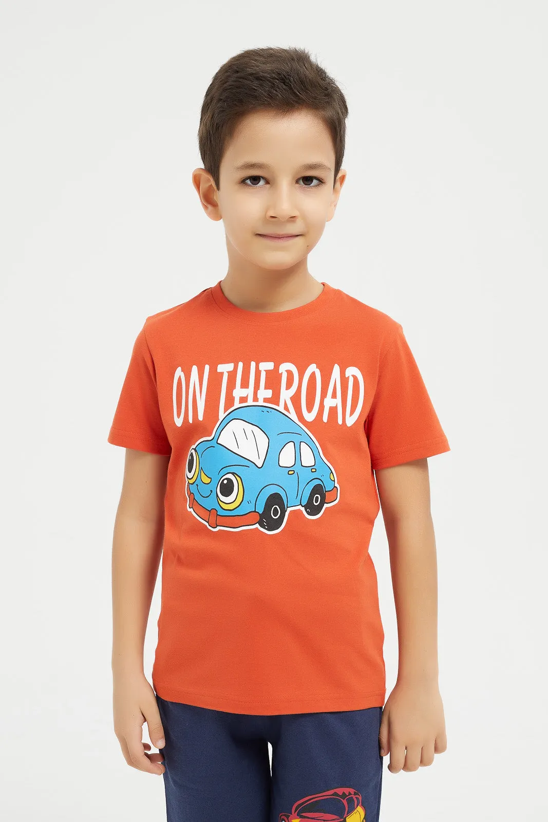 Boy Orange And White Car Print Piece T-Shirt And Shorts Set (3 Piece)