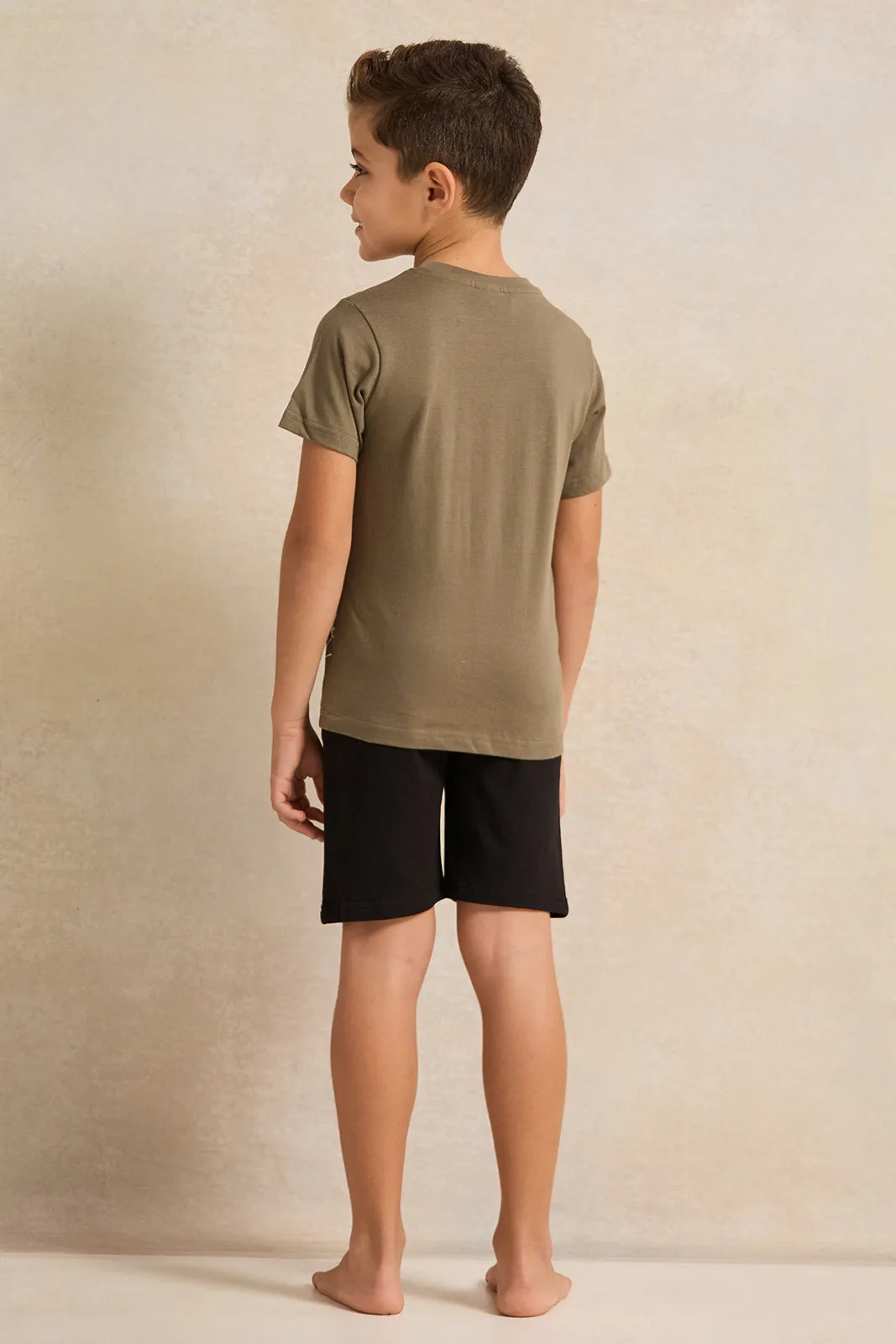 Boys Black And Olive Printed T-Shirt And Shorts Set (2 Piece)