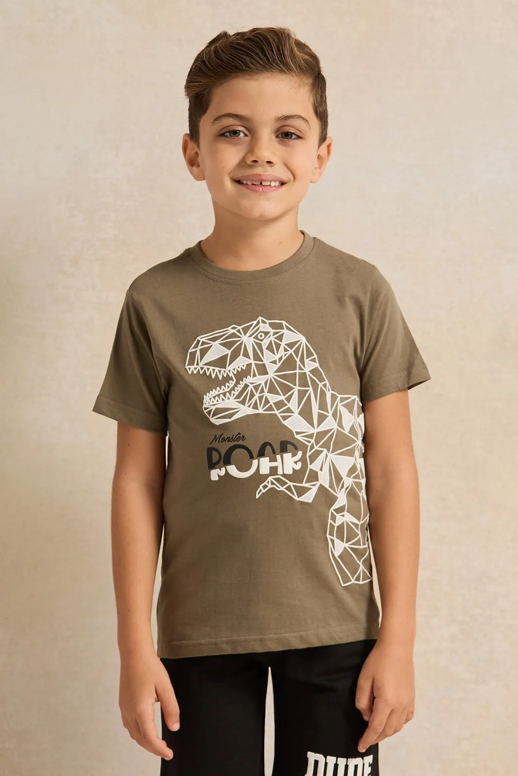 Boys Black And Olive Printed T-Shirt And Shorts Set (2 Piece)