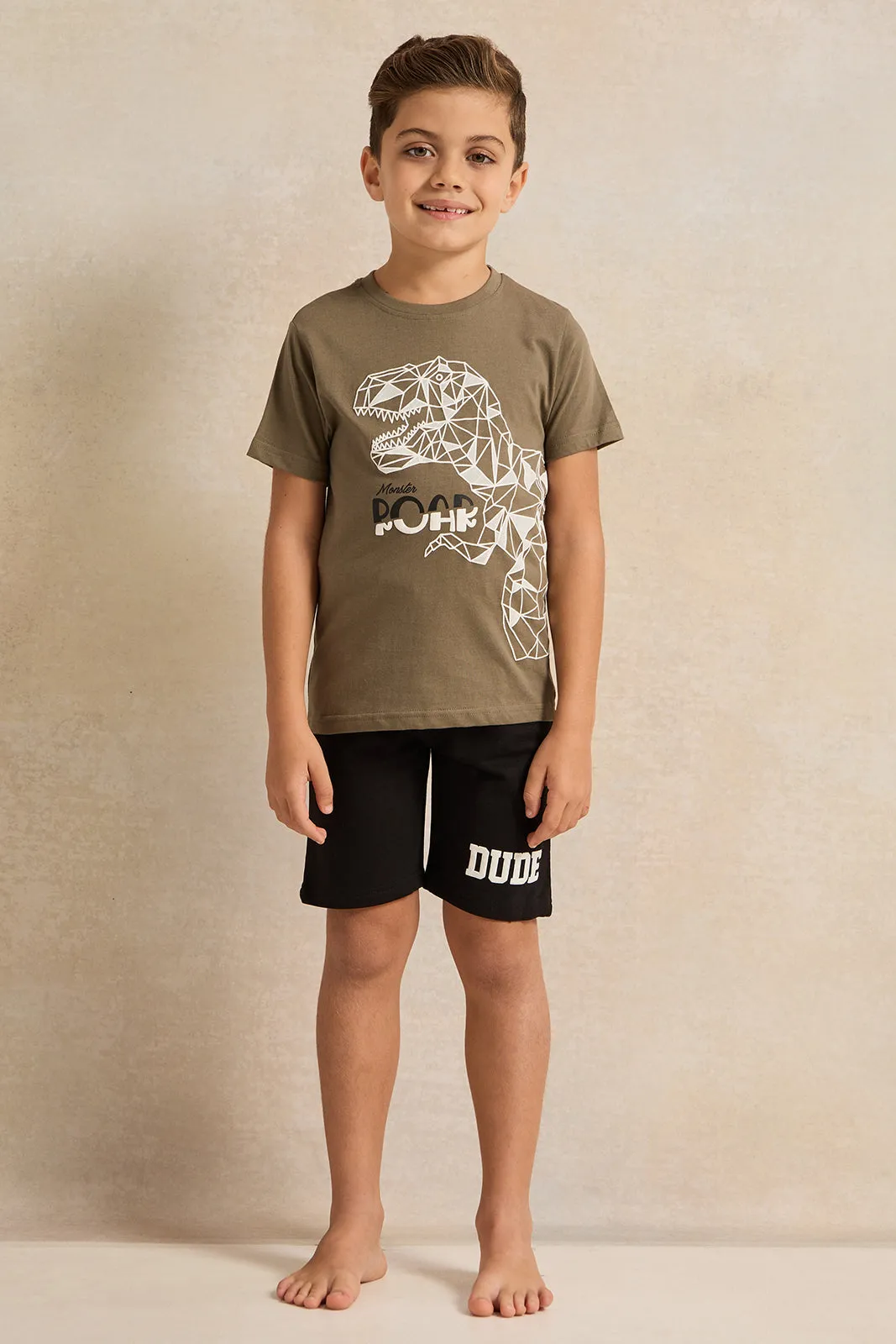 Boys Black And Olive Printed T-Shirt And Shorts Set (2 Piece)