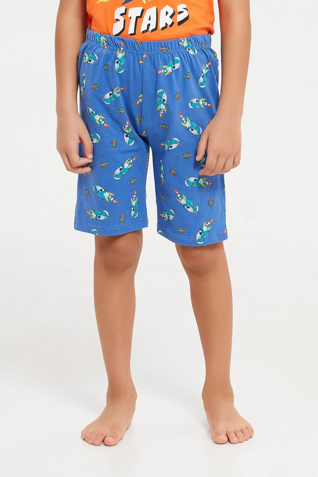 Boys Orange And Blue Rocket Print Pyjama Set (2 Piece)