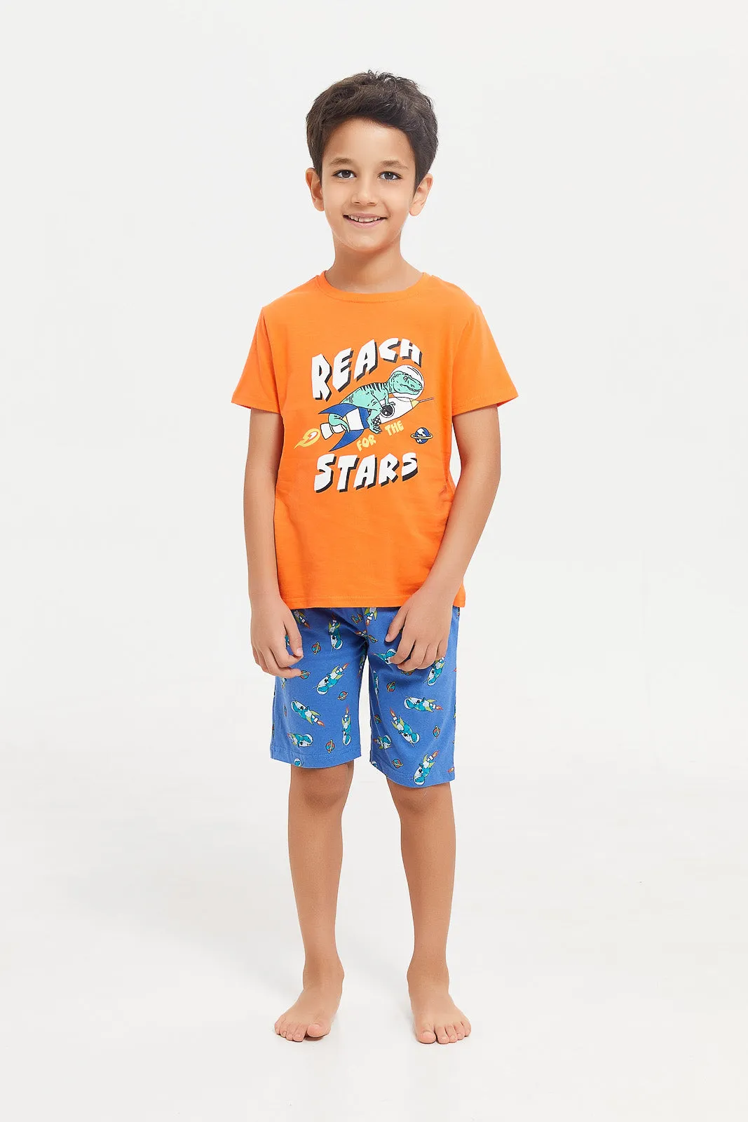 Boys Orange And Blue Rocket Print Pyjama Set (2 Piece)