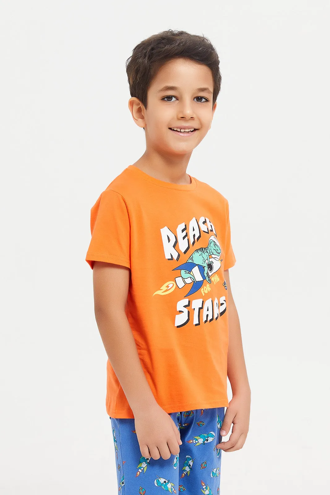 Boys Orange And Blue Rocket Print Pyjama Set (2 Piece)
