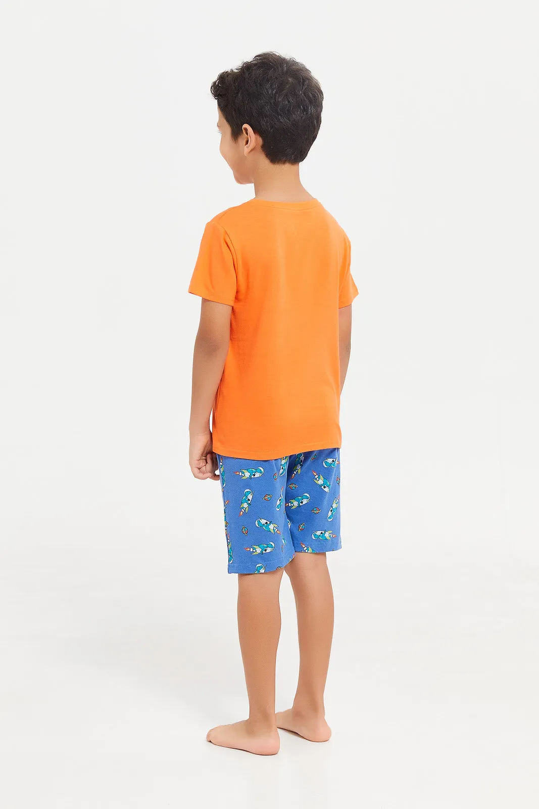 Boys Orange And Blue Rocket Print Pyjama Set (2 Piece)