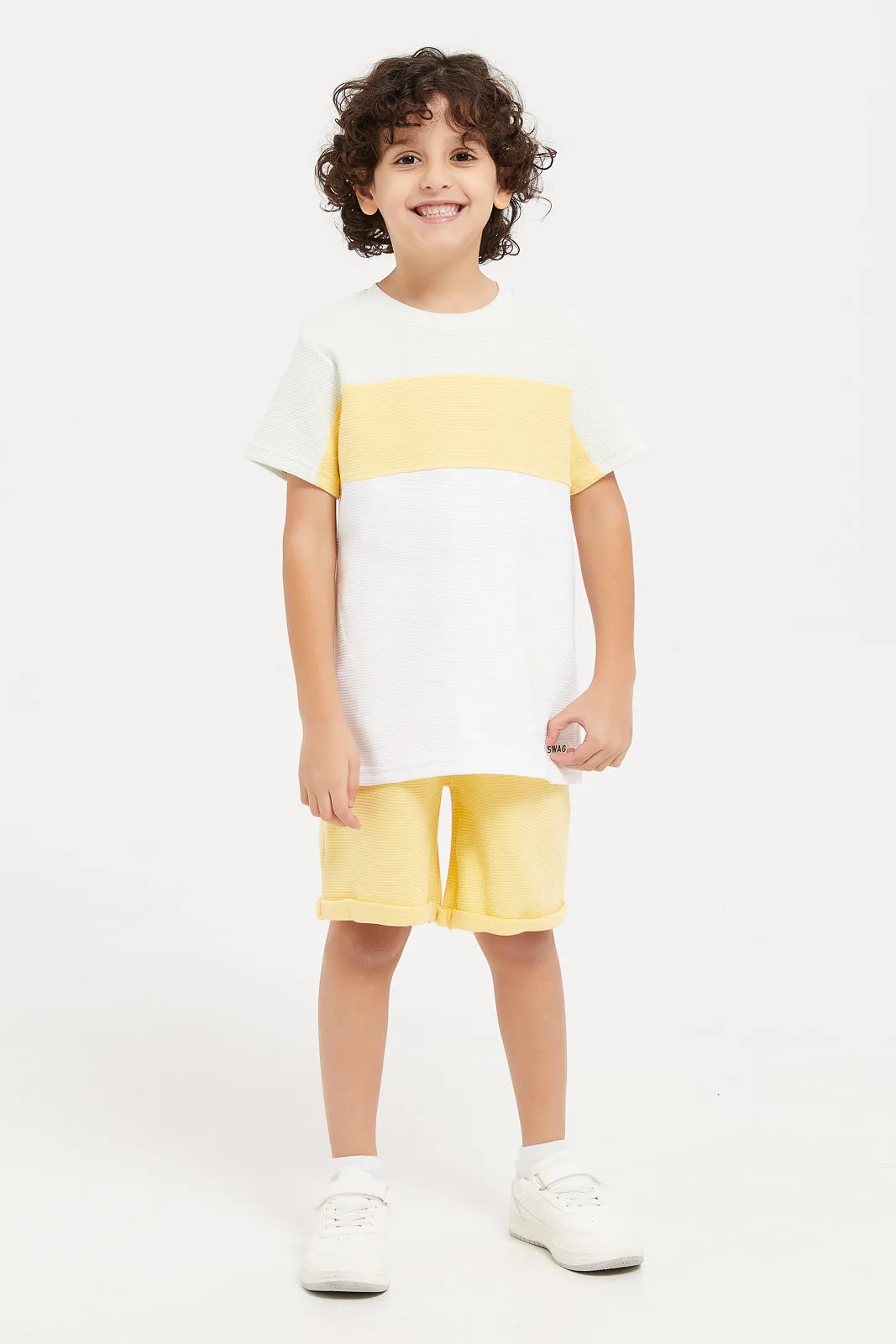 Boys White And Yellow T-Shirt And Short Set (2 Piece)