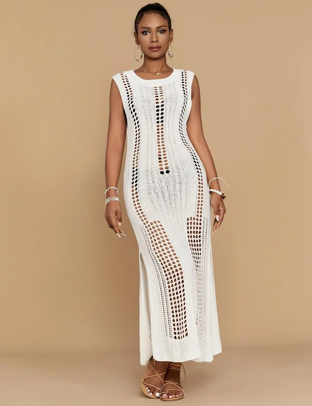 Bsubseach Crochet Beach Cover Ups for Women Sleeveles Swimsuit Coverups Hollow Out Summer Knit Bikini Beachwear