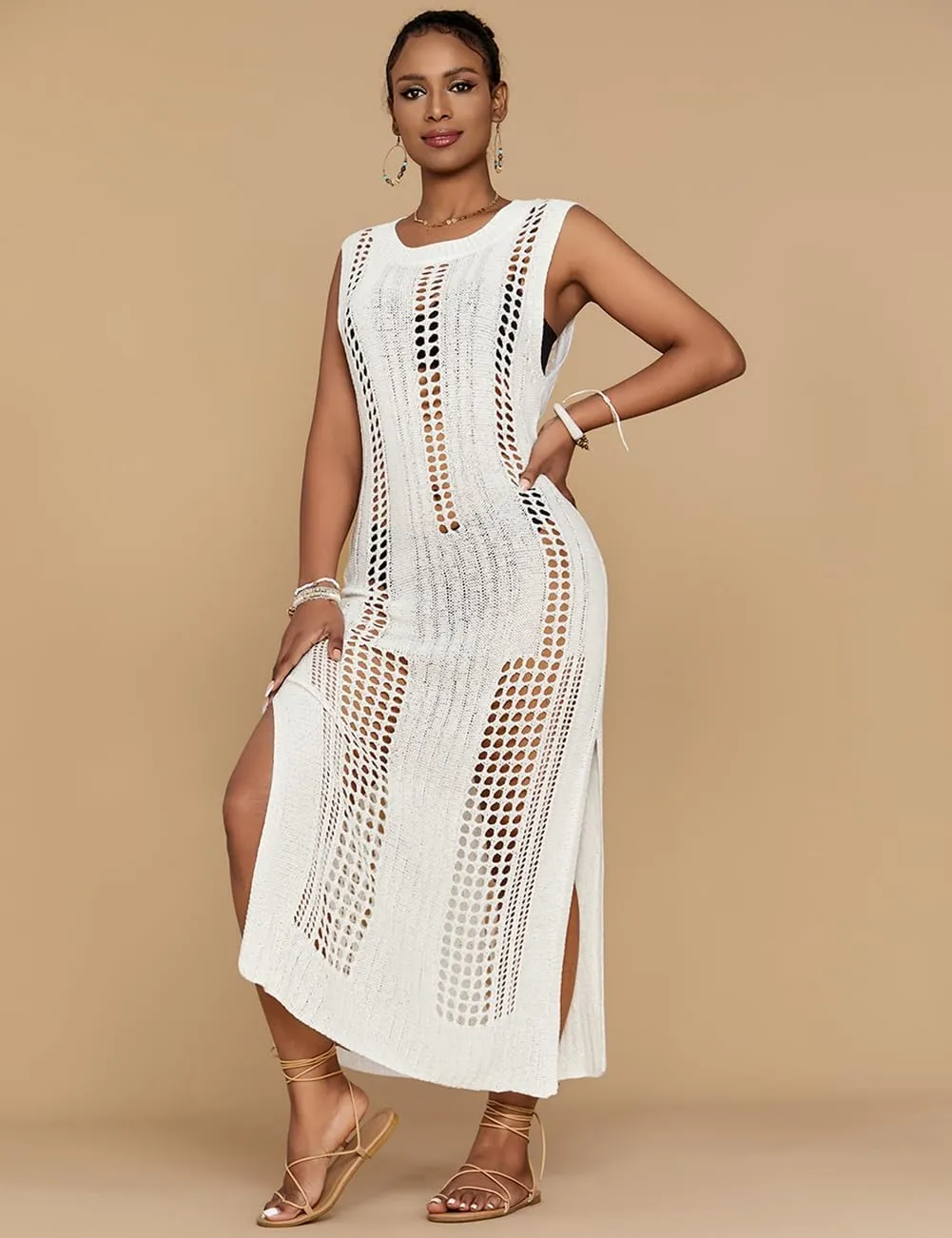 Bsubseach Crochet Beach Cover Ups for Women Sleeveles Swimsuit Coverups Hollow Out Summer Knit Bikini Beachwear