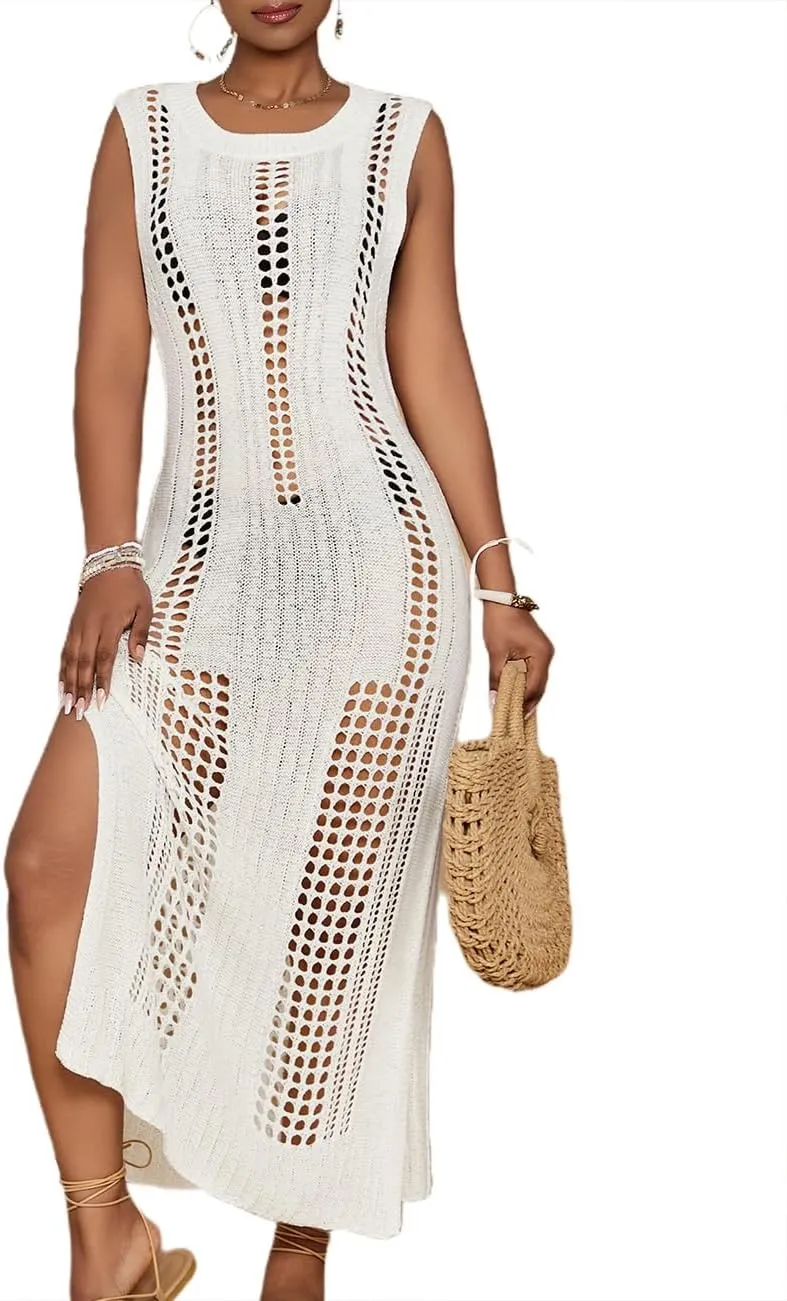 Bsubseach Crochet Beach Cover Ups for Women Sleeveles Swimsuit Coverups Hollow Out Summer Knit Bikini Beachwear