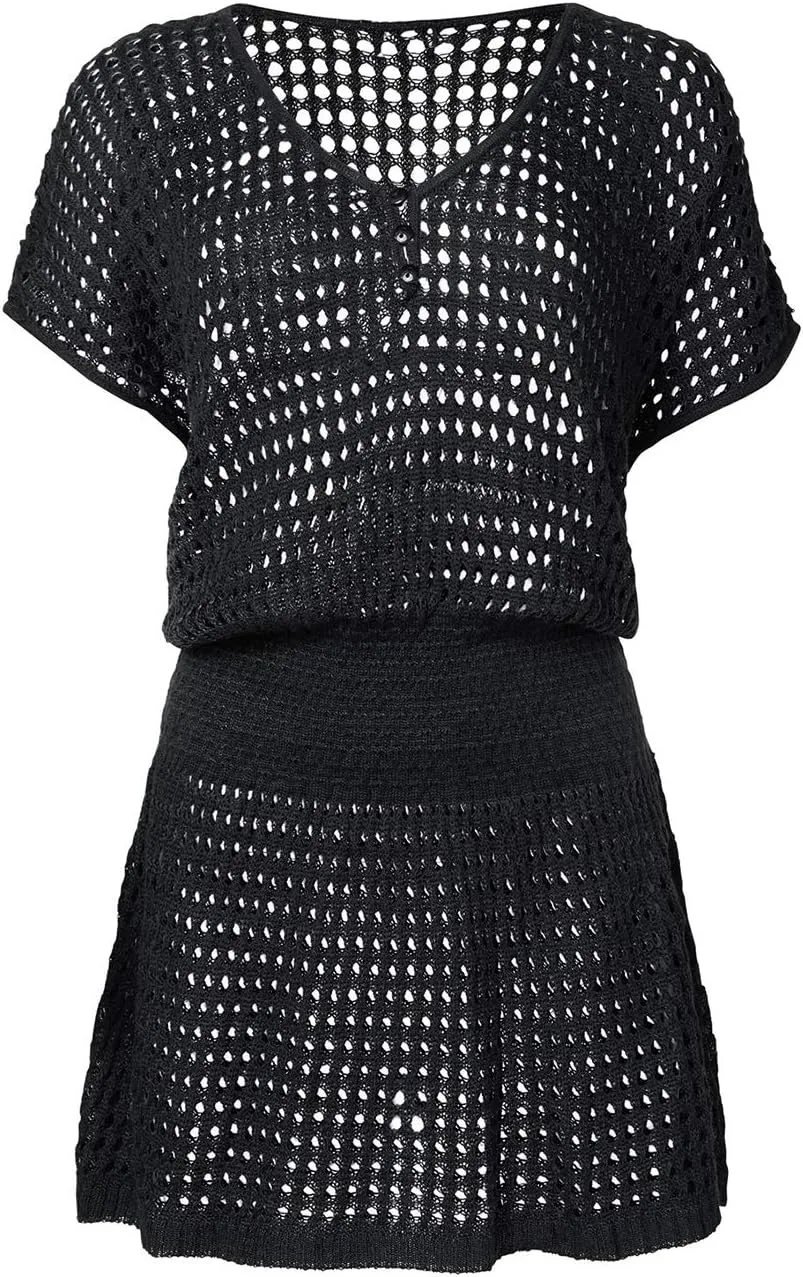 Bsubseach Women Hollow Out Beachwear Swim Cover Ups Short Sleeve V Neck Beach Vacation Tunic Dress