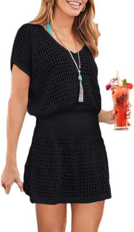 Bsubseach Women Hollow Out Beachwear Swim Cover Ups Short Sleeve V Neck Beach Vacation Tunic Dress