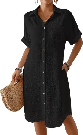 Bsubseach Womens Swimsuit Cover Up Long Button Down Bathing Suit Cover Ups Short Sleeve Summer Beach Shirt Dress with Pockets