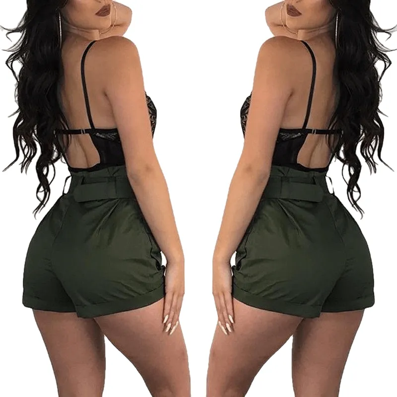 Casual Women A-Line Short Pants New High Waistband Summer Green Shorts Stylish Ladies Loose Beach Belt Trousers