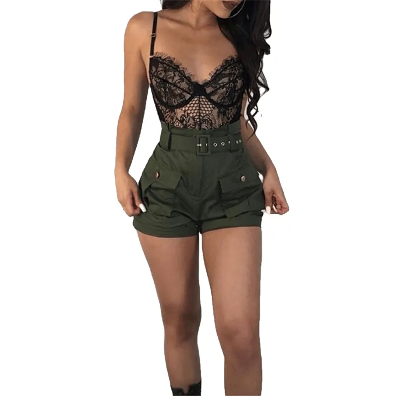 Casual Women A-Line Short Pants New High Waistband Summer Green Shorts Stylish Ladies Loose Beach Belt Trousers