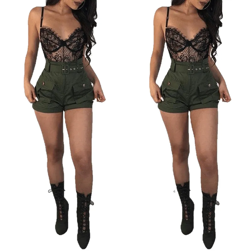 Casual Women A-Line Short Pants New High Waistband Summer Green Shorts Stylish Ladies Loose Beach Belt Trousers