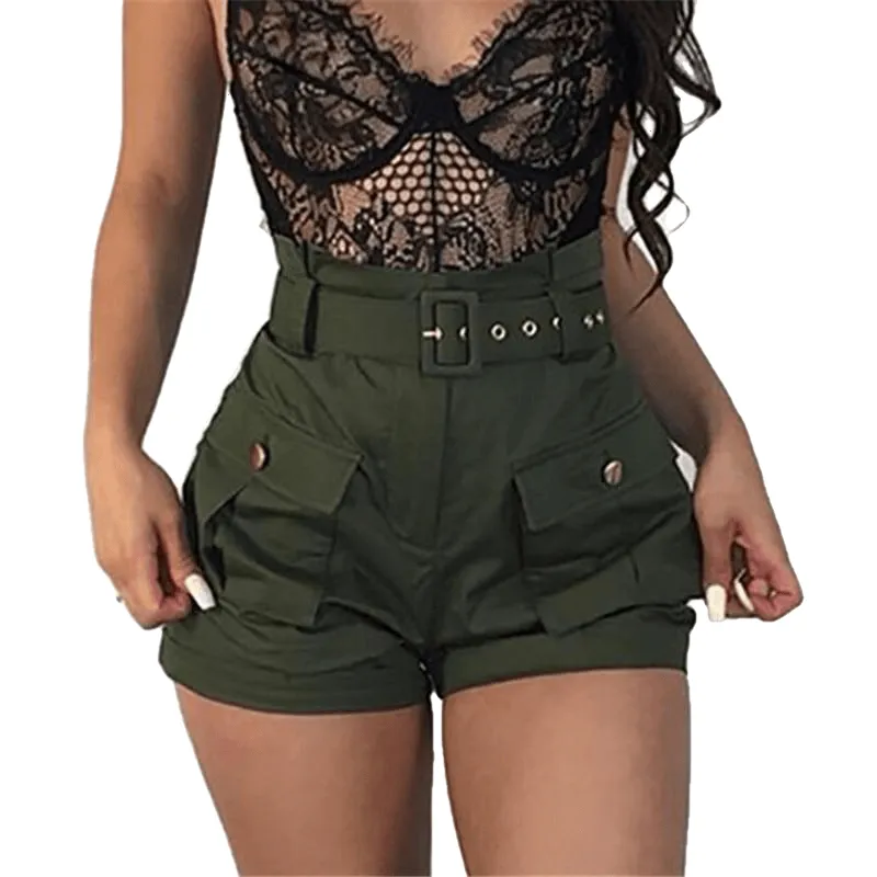 Casual Women A-Line Short Pants New High Waistband Summer Green Shorts Stylish Ladies Loose Beach Belt Trousers