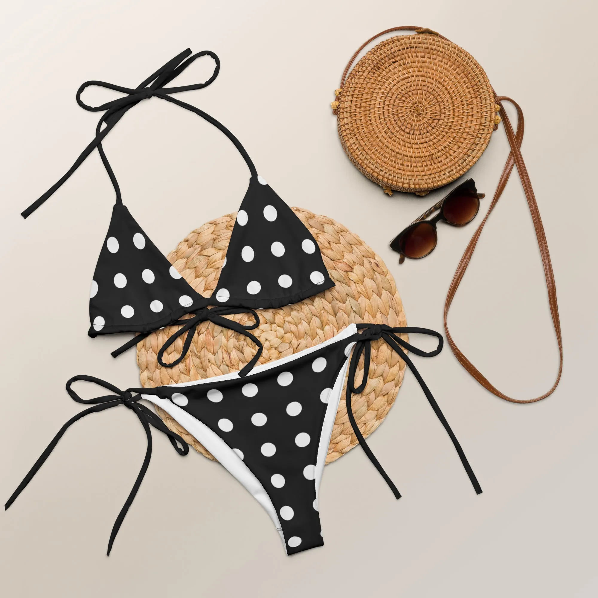 Classic Black and White Polka Dot Timeless String Bikini, lioness-love.com