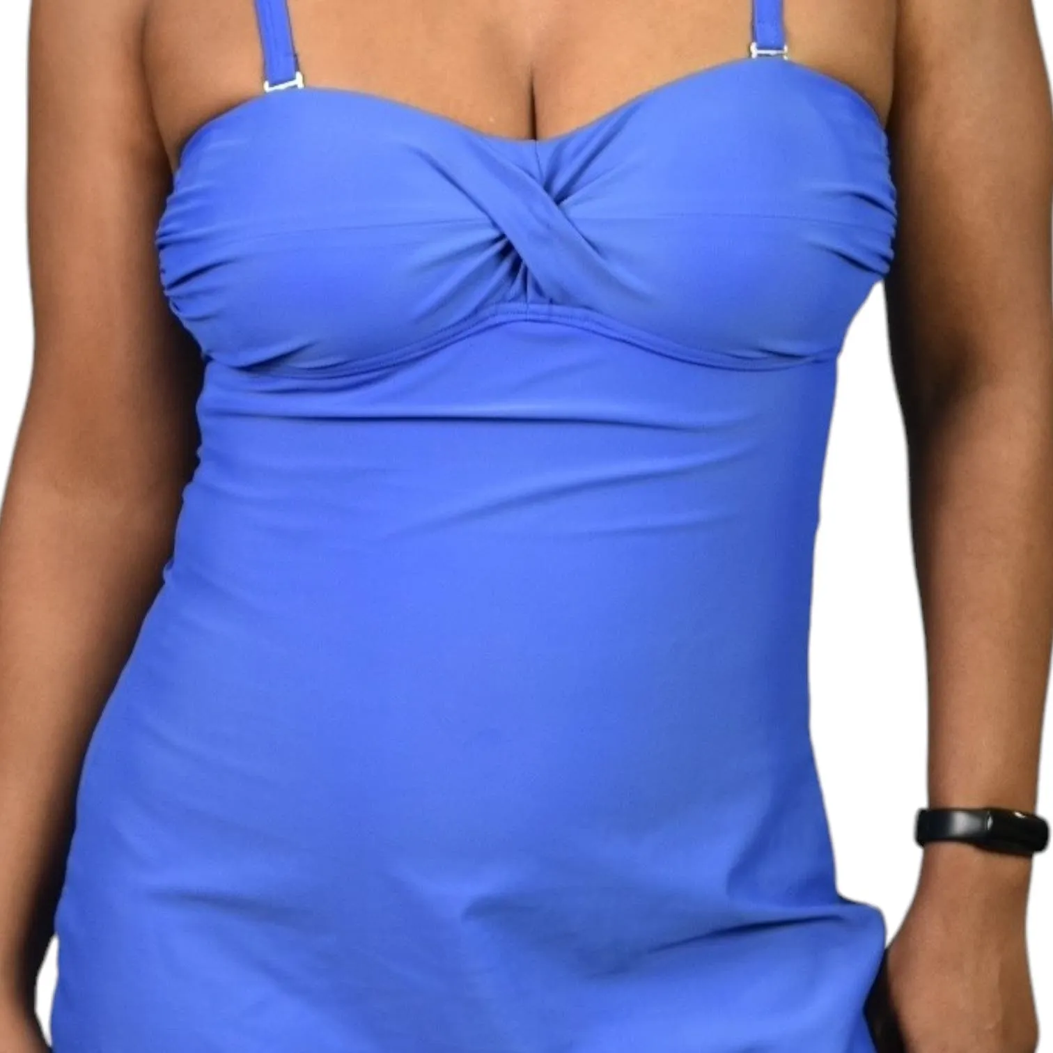 Coolibar Swimsuit Dress Blue UPF 50  One Piece Swimsuit Solid Molded Cups Removable Straps Skirted Size 4