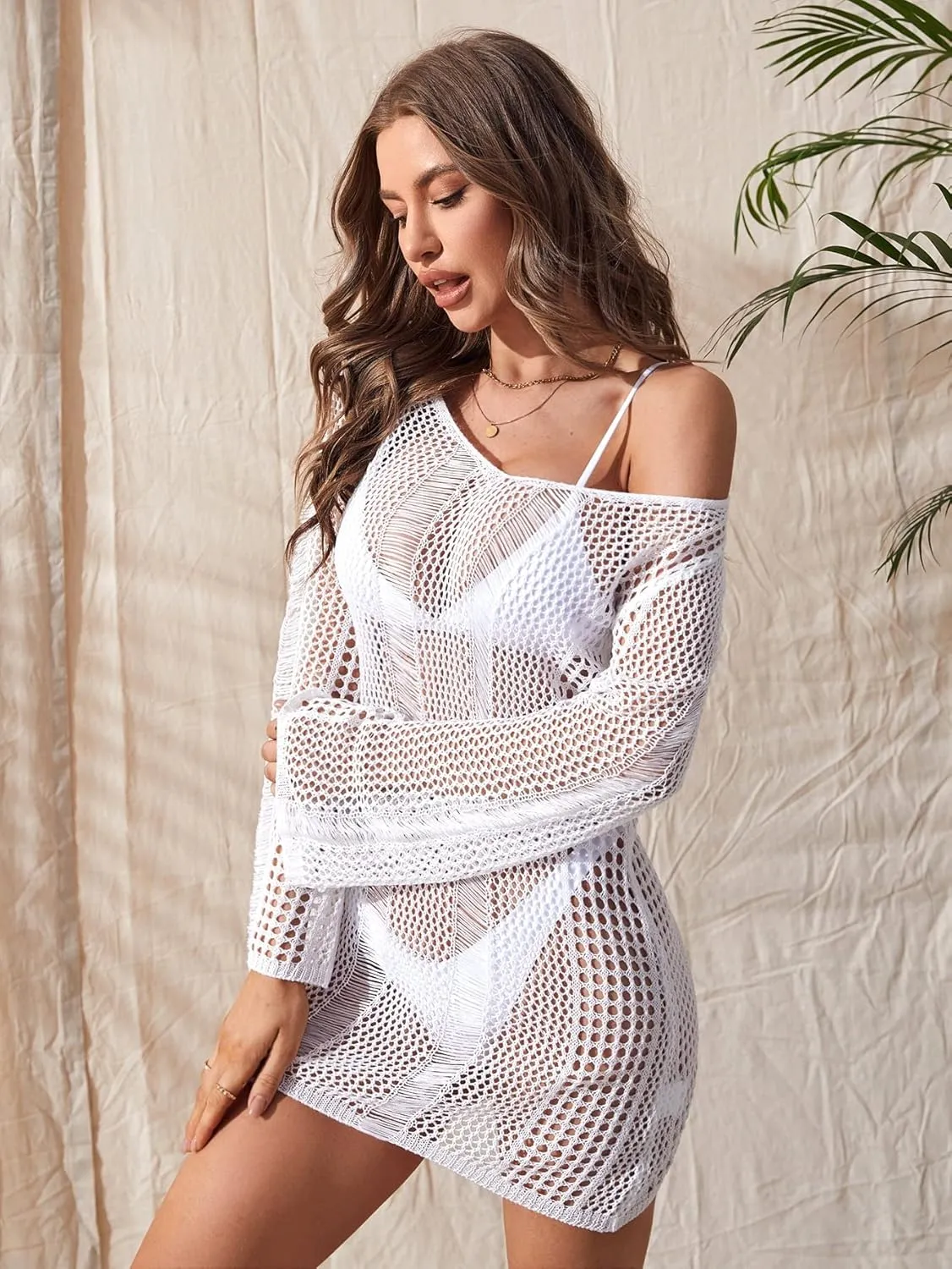COZYEASE Women's Long Sleeve Backless Knitted Cover Up Swimsuit Hollow Out Crochet Swimwear Beach Dress