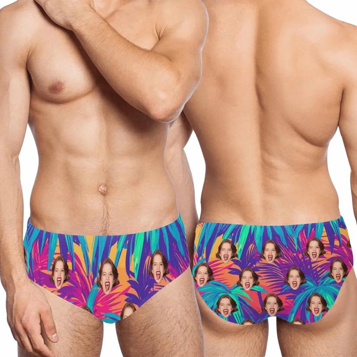 Custom Face Hawaiian Tropical Flowers Men's Triangle Swim Briefs Swim Shorts for Swimming Water Sports