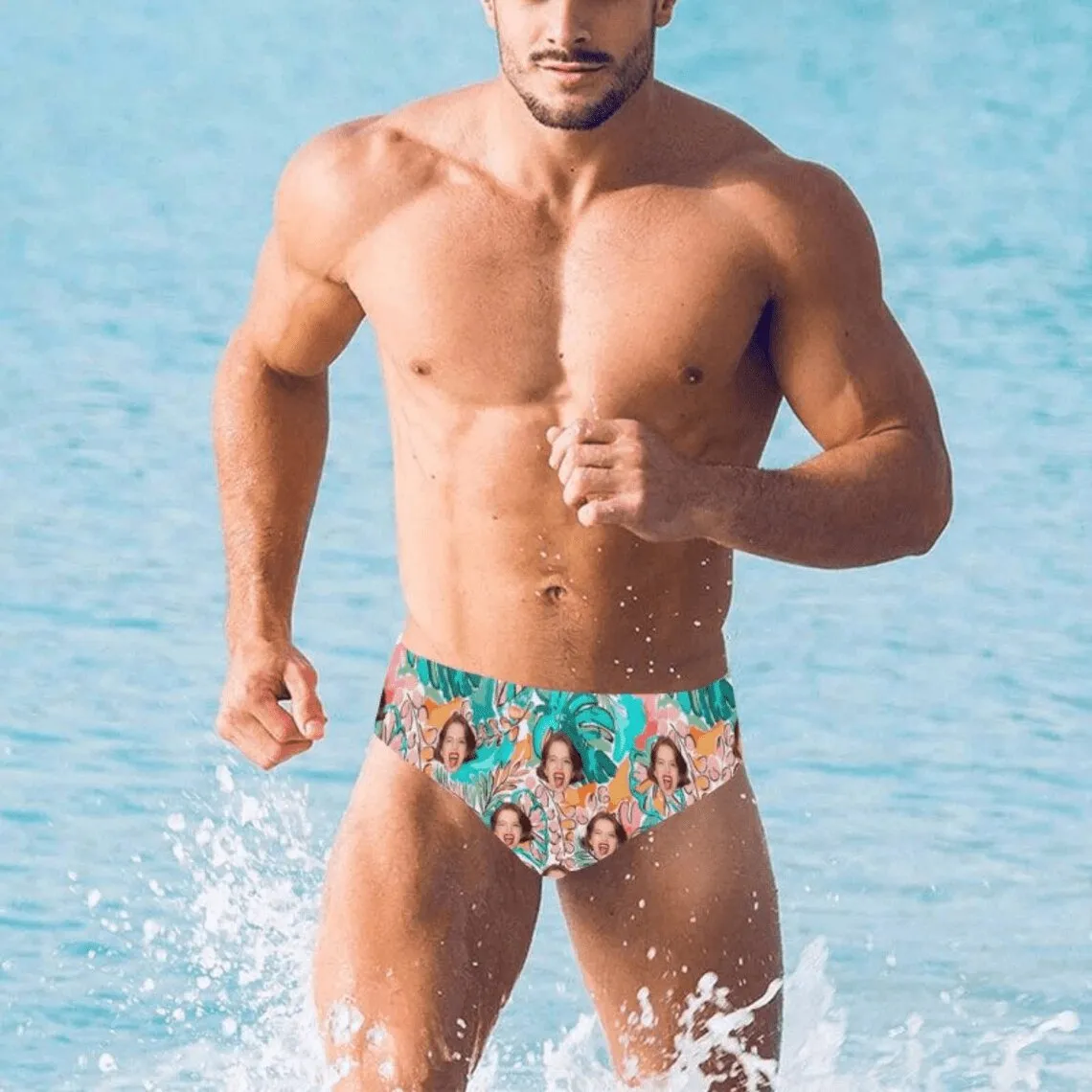 Custom Face Hawaiian Tropical Flowers Men's Triangle Swim Briefs Swim Shorts for Swimming Water Sports