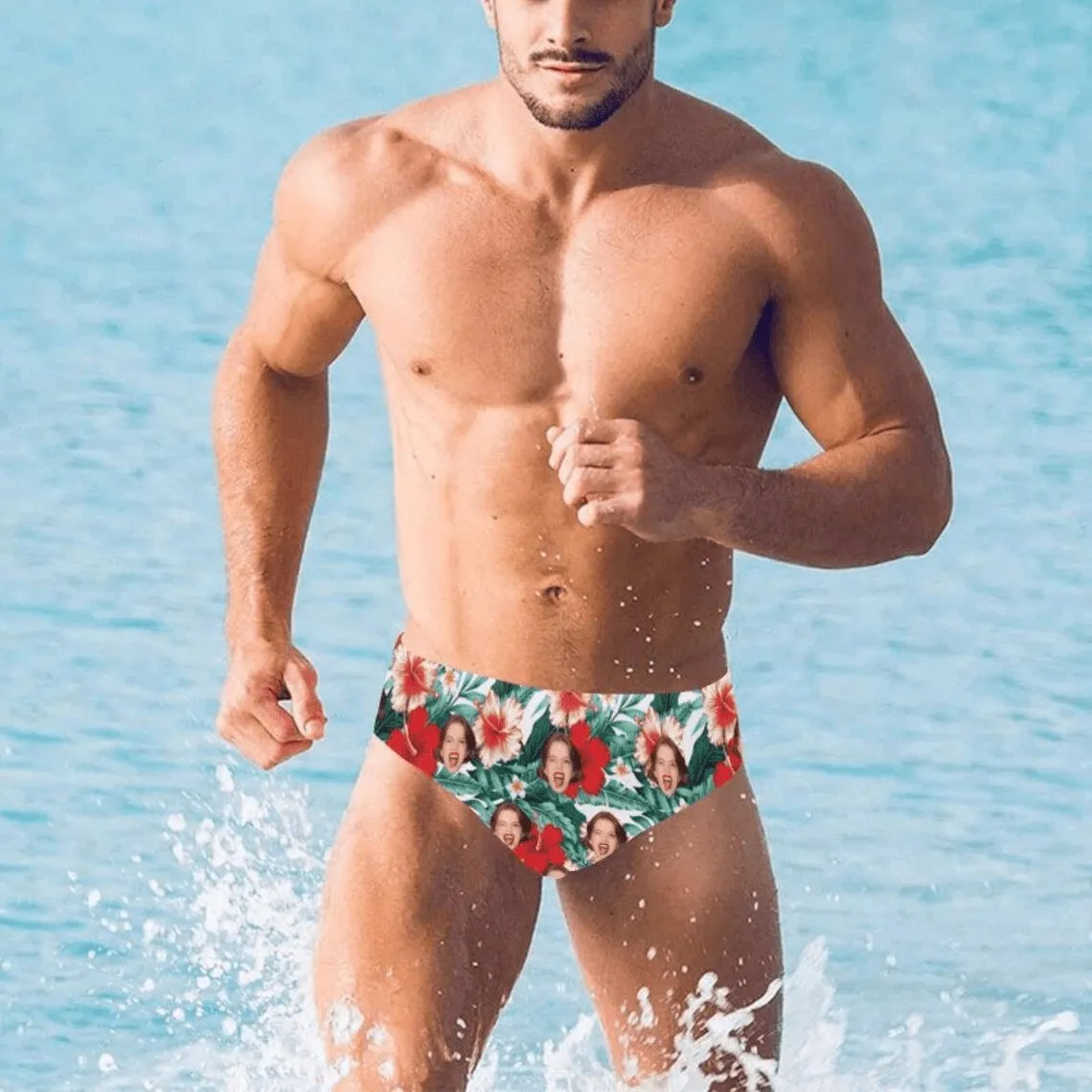 Custom Face Hawaiian Tropical Flowers Men's Triangle Swim Briefs Swim Shorts for Swimming Water Sports