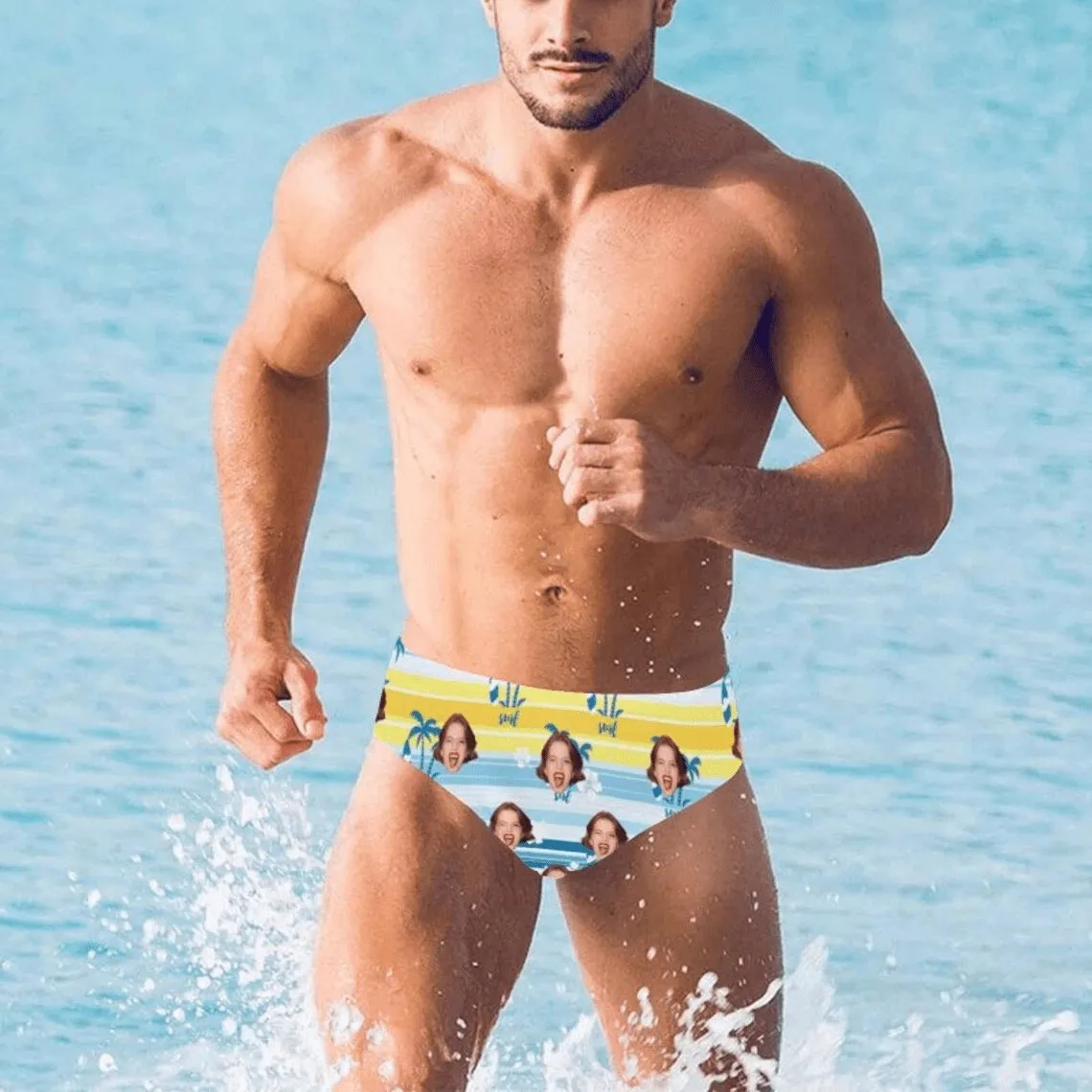 Custom Face Hawaiian Tropical Flowers Men's Triangle Swim Briefs Swim Shorts for Swimming Water Sports