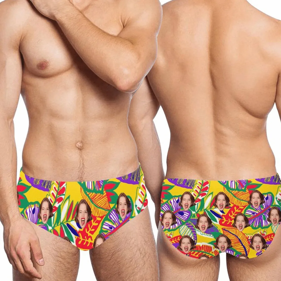 Custom Face Hawaiian Tropical Flowers Men's Triangle Swim Briefs Swim Shorts for Swimming Water Sports