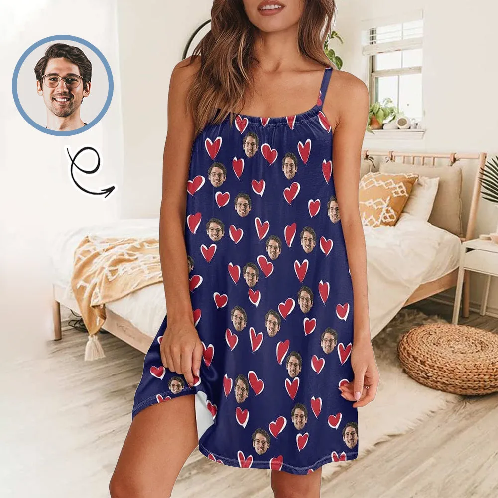 Custom Face Women's Bule Suspender Nightdress Nightgown Sleep Dress