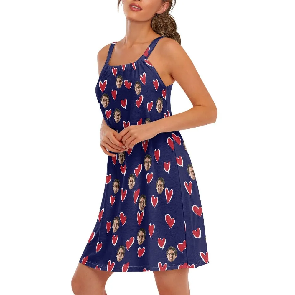 Custom Face Women's Bule Suspender Nightdress Nightgown Sleep Dress