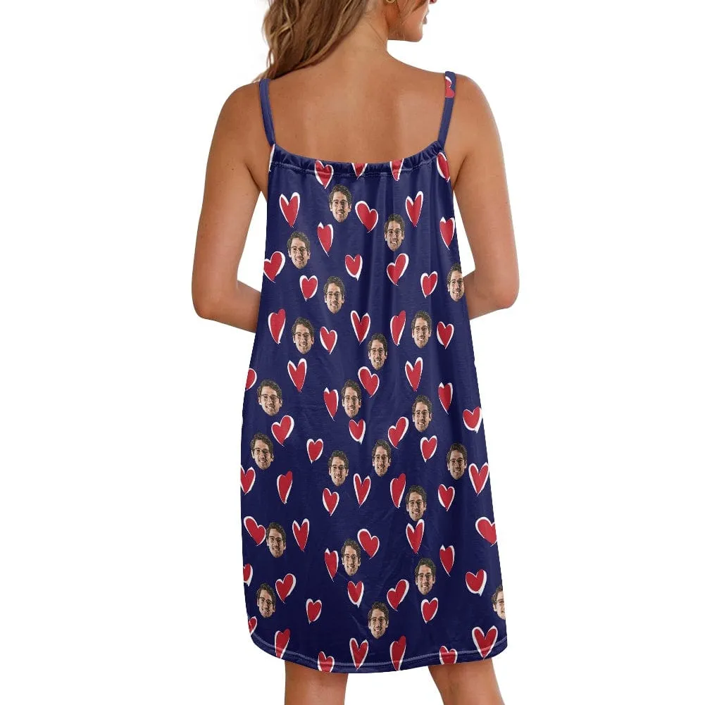 Custom Face Women's Bule Suspender Nightdress Nightgown Sleep Dress