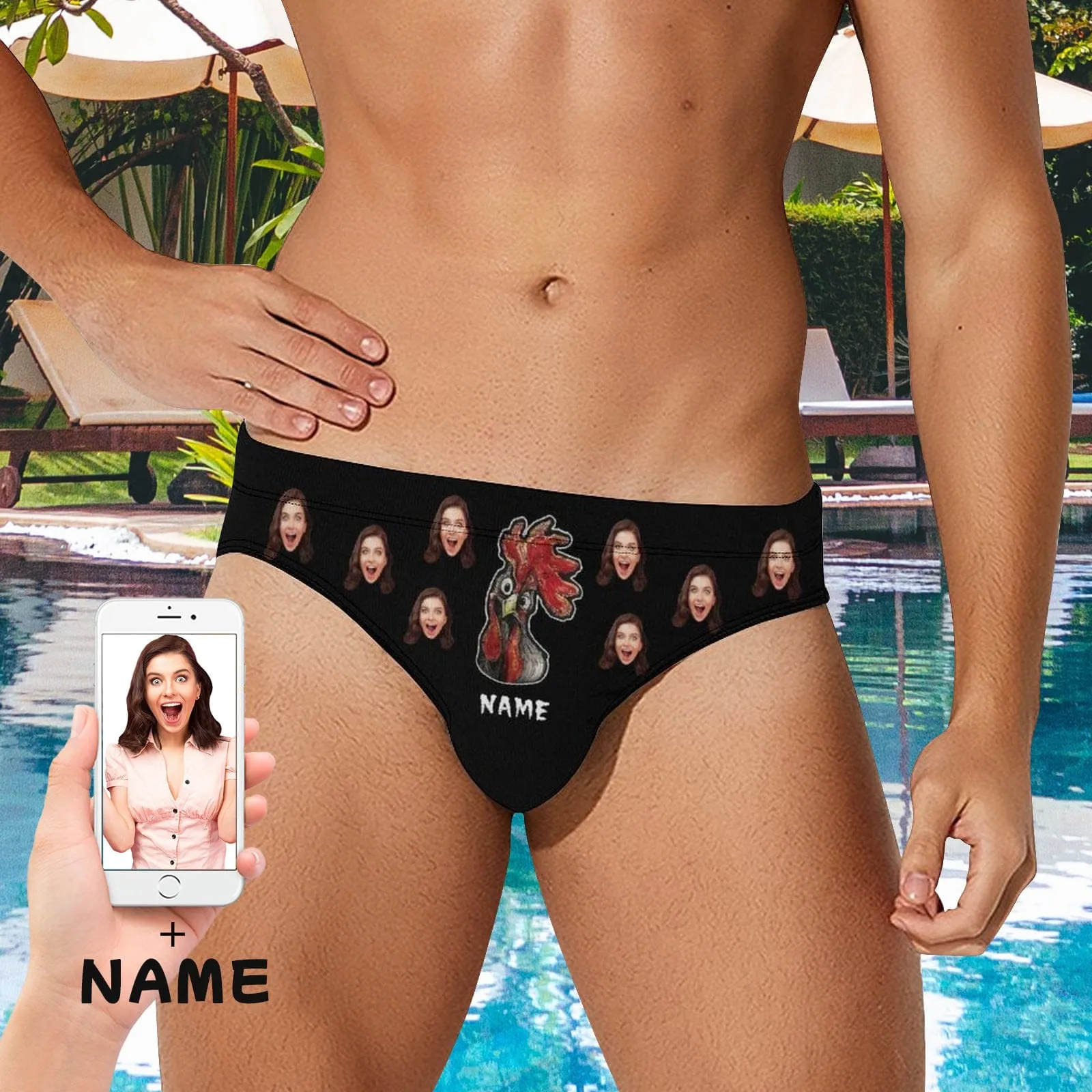 Custom Photo & Name Triangle Swim Briefs Print Funny Cock Men's Swim Shorts for Swimming Water Sports