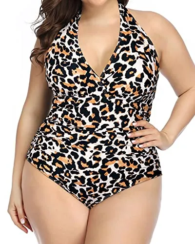 Deep Plunge V-Neck Halter 1 Piece Swimsuits For Women-Leopard