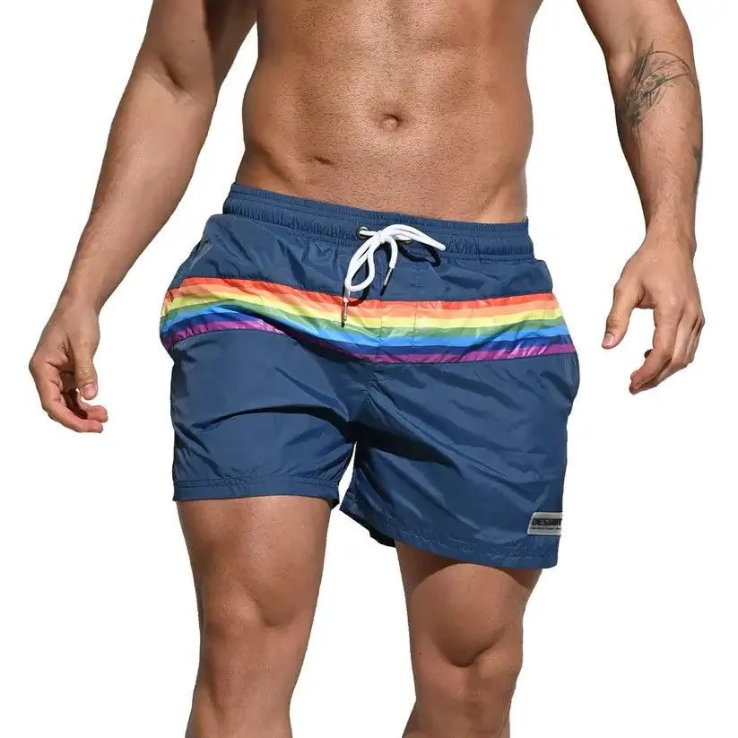 Desmiit Pride Rainbow Men's Board Shorts - Quick-Dry Nylon Swim Trunks with Pockets