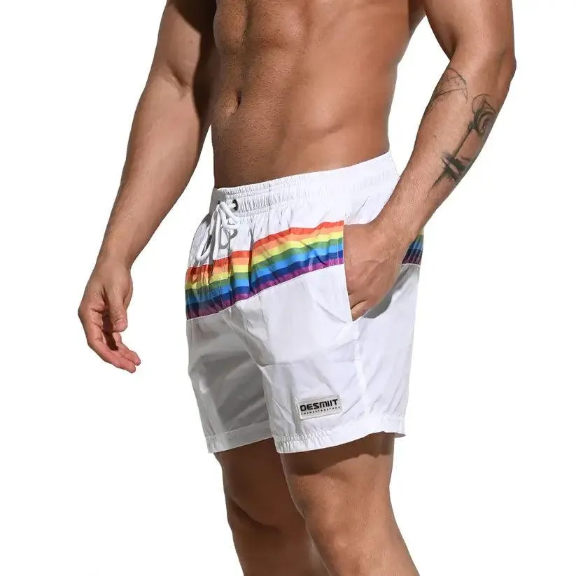 Desmiit Pride Rainbow Men's Board Shorts - Quick-Dry Nylon Swim Trunks with Pockets