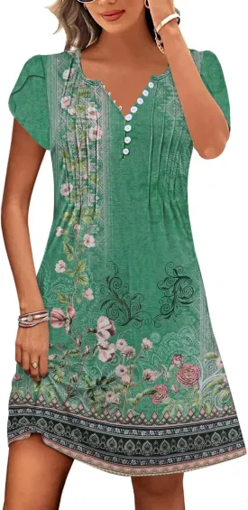 Disamer Womens Casual Dresses Short Sleeve Summer Dresses 2025 Boho Floral Beach Sundresses Spring A-Line Dress with Pockets