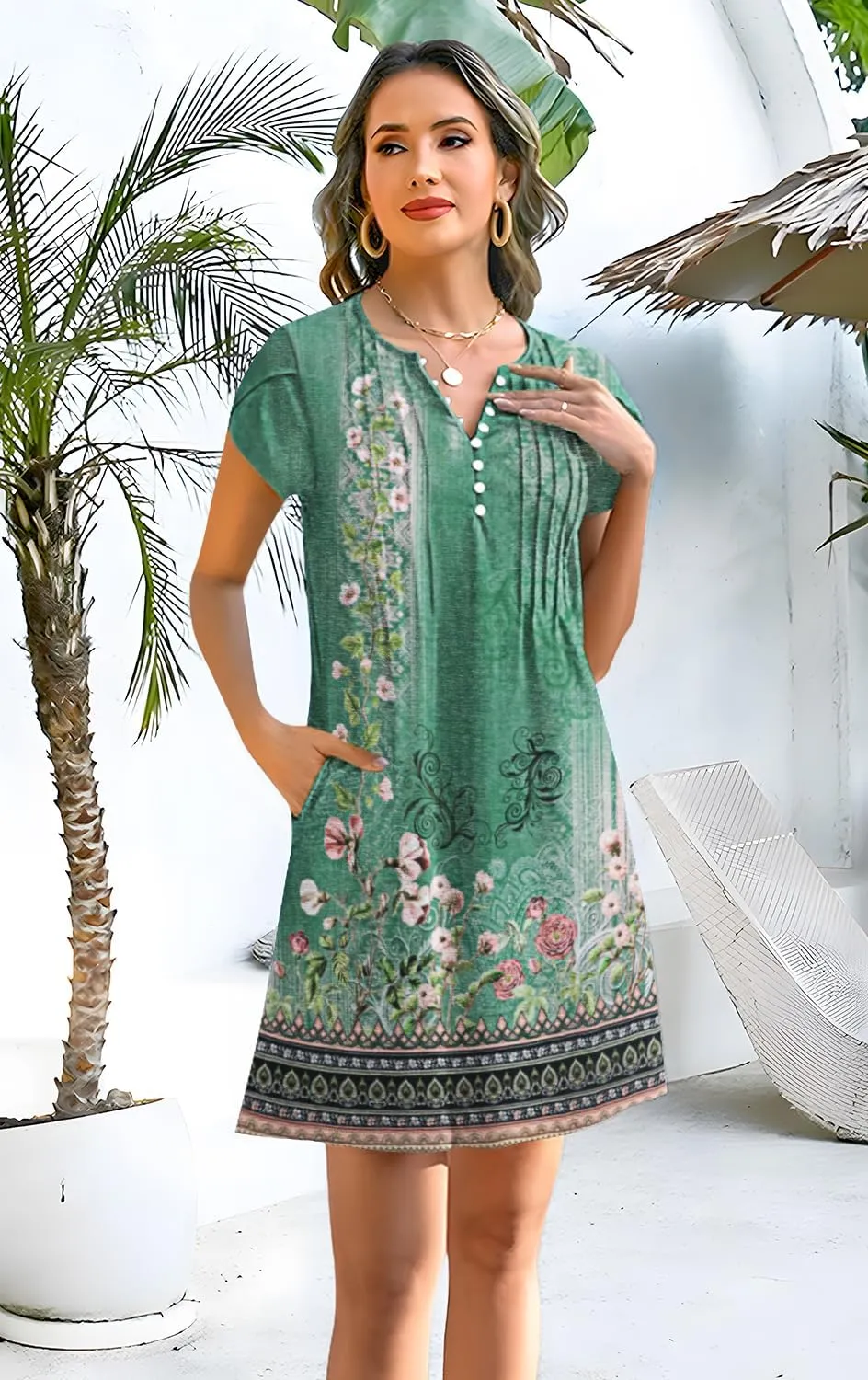 Disamer Womens Casual Dresses Short Sleeve Summer Dresses 2025 Boho Floral Beach Sundresses Spring A-Line Dress with Pockets