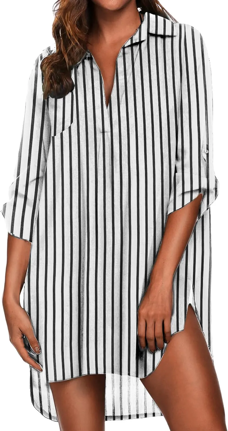 Ekouaer Beach Cover Ups for Women V Neck Bathing Suit Cover Up Bikini Swimsuit Coverup Beach Dress Shirt S-3XL