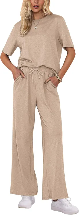Ekouaer Lounge Sets for Women 2 Piece Mock Neck Pajamas Short Sleeve Pj Tops Long Pants with Pockets