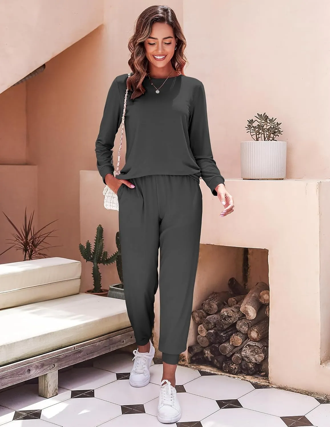 Ekouaer Women's Pajama Sets Casual 2Pcs Sleepwear Long Sleeve Pullover Tops Long Joggers Pants with Pockets