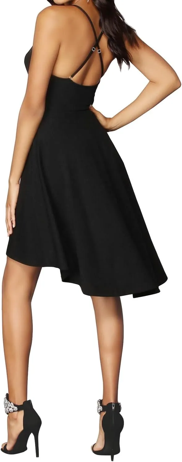 FANCYINN Women High-Low Hem Dress Spaghetti Straps Deep V Neck Floral Backless A Line Skater Cocktail Dresses
