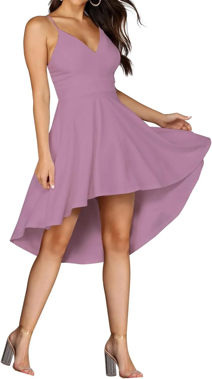 FANCYINN Women High-Low Hem Dress Spaghetti Straps Deep V Neck Floral Backless A Line Skater Cocktail Dresses
