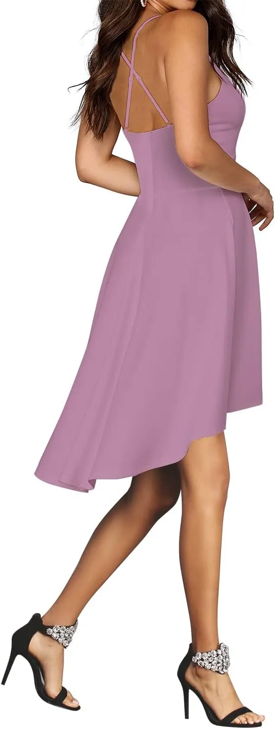 FANCYINN Women High-Low Hem Dress Spaghetti Straps Deep V Neck Floral Backless A Line Skater Cocktail Dresses